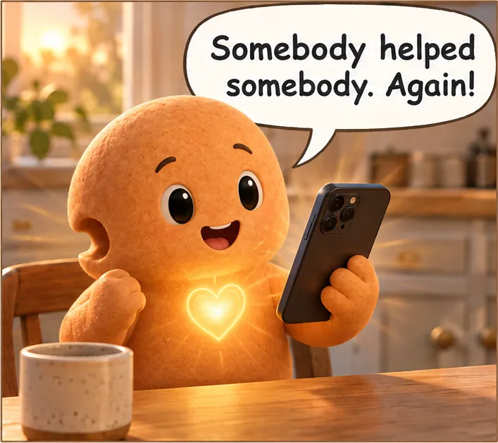 Panel three: Carries beams at the phone, heart glowing, and says: Somebody helped somebody. Again!